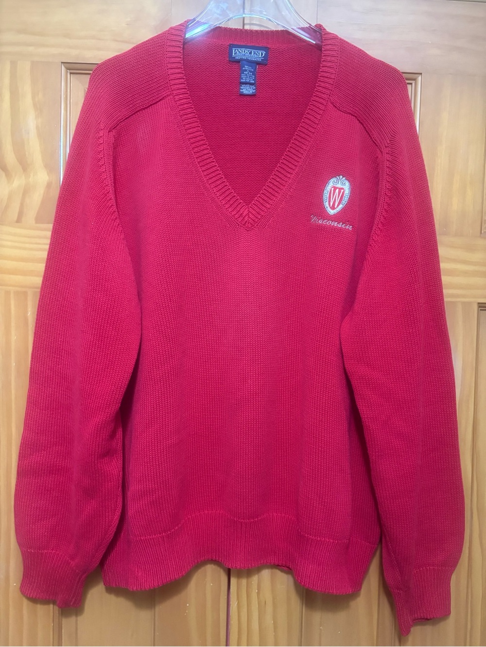 Lands' End Vintage 90’s Red V-Neck Sweater with Wisconsin Badger Crest Large EUC